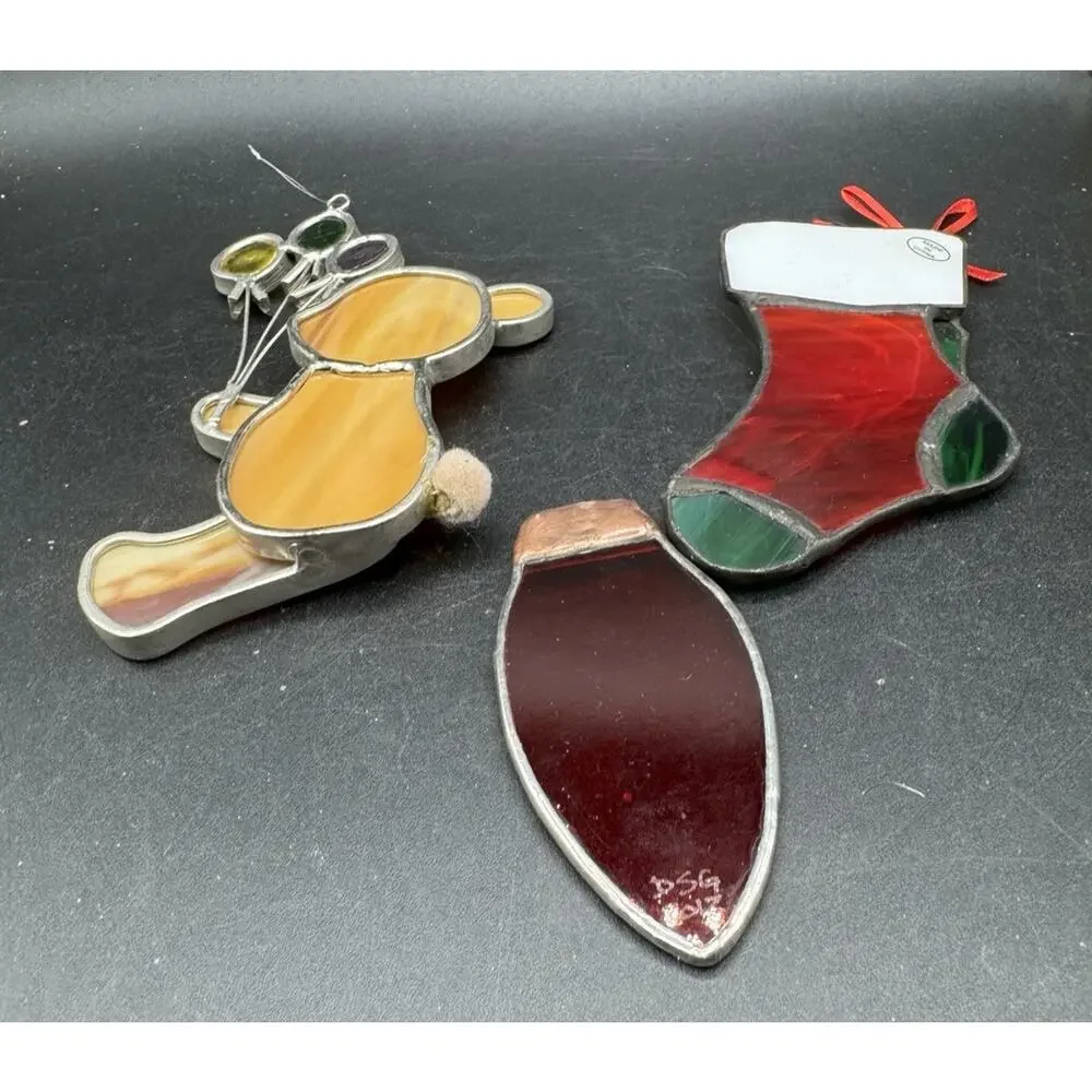 3 Beautiful Stained Glass Holiday Christmas Ornaments 1970s Vintage -S1L